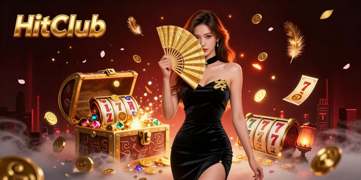Engage with thrilling jackpots at HitClub as vibrant slot reels and golden treasures surround the enchanting woman.