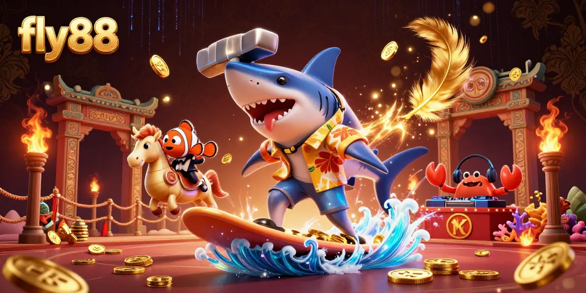 Surf vibrant casino adventures with fly88; 3D shark rides gold coins in a dynamic gaming scene.