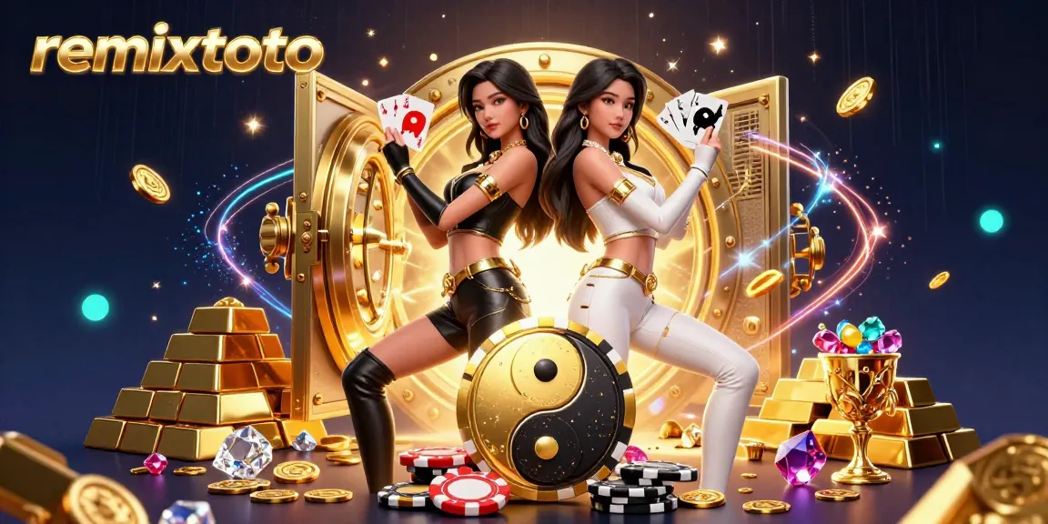 Engage with remixtoto's thrilling casino scene featuring twin Asian women with cards in a vibrant setting.
