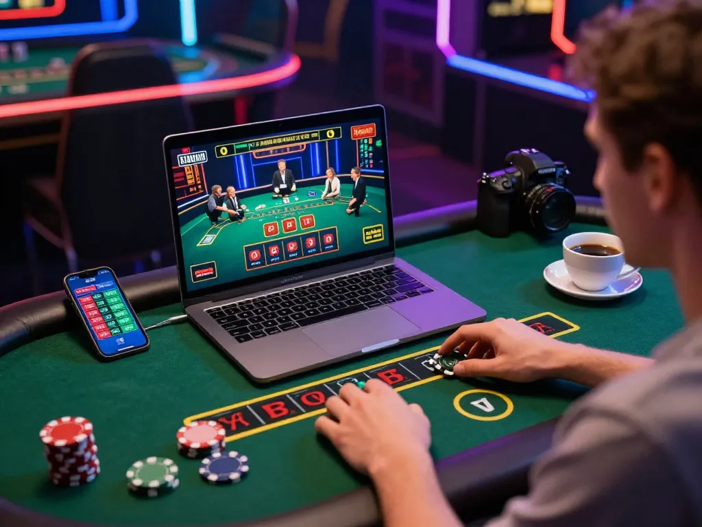 Player engaging with soibet live dealer blackjack game on a laptop while planning strategies.