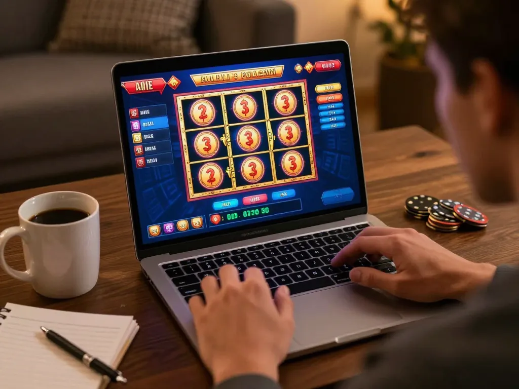 cm88 player enjoying online slots game at home with laptop, vibrant interface and cozy atmosphere