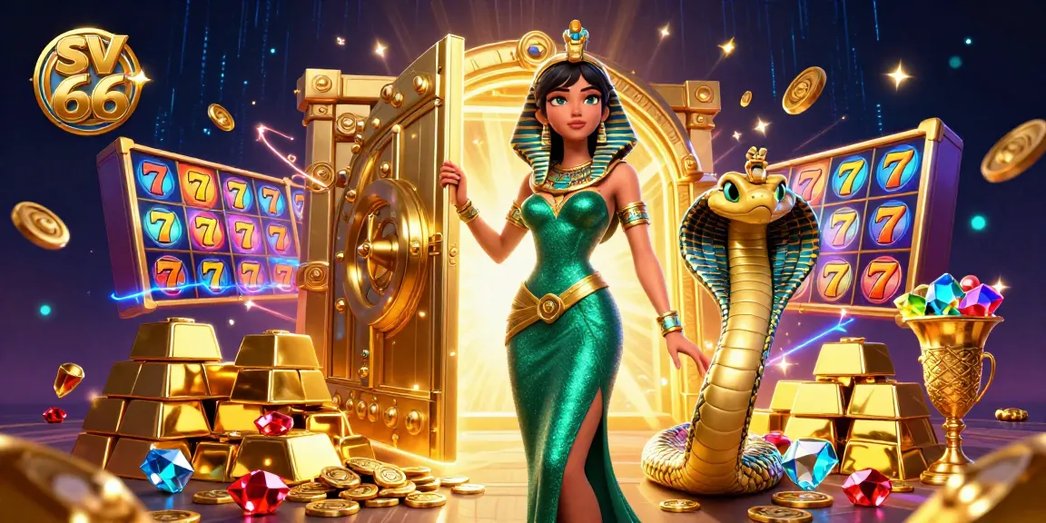 Engage with sv 66's thrilling gaming universe, as a woman in emerald gown celebrates amidst golden treasures and vibrant slot games.