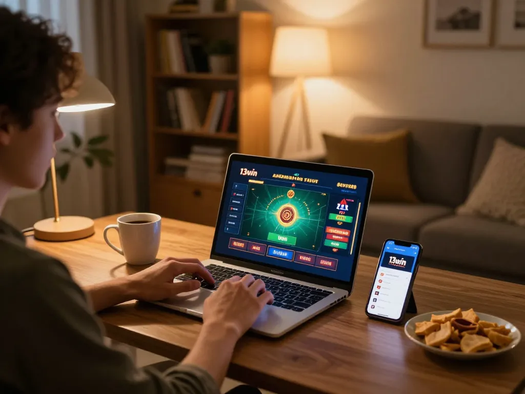 Player engaging with the 13win online casino app on a laptop in a cozy home setting