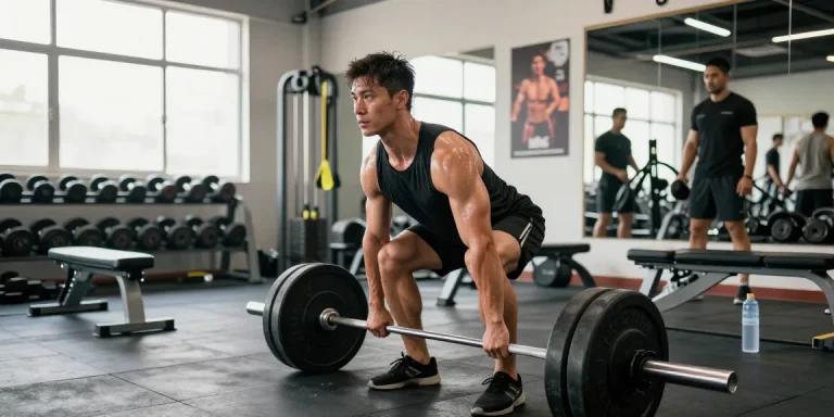 Anabolika Shop: Bodybuilder im Fitnessstudio, der mit Gewichten trainiert und seine Muskelmasse aufbaut.