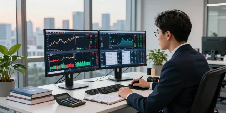 Business professional reviewing trading market insights with focused analysis of market trends and data.