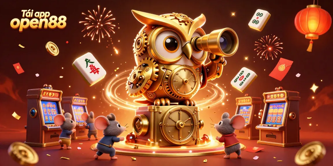 Tải app open88 to enjoy a vibrant casino experience with an owl, mice, and festive game elements.