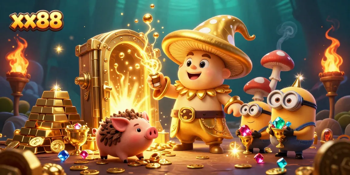 Spin to win at xx88 with engaging characters and golden treasures in this vibrant 3D casino scene.
