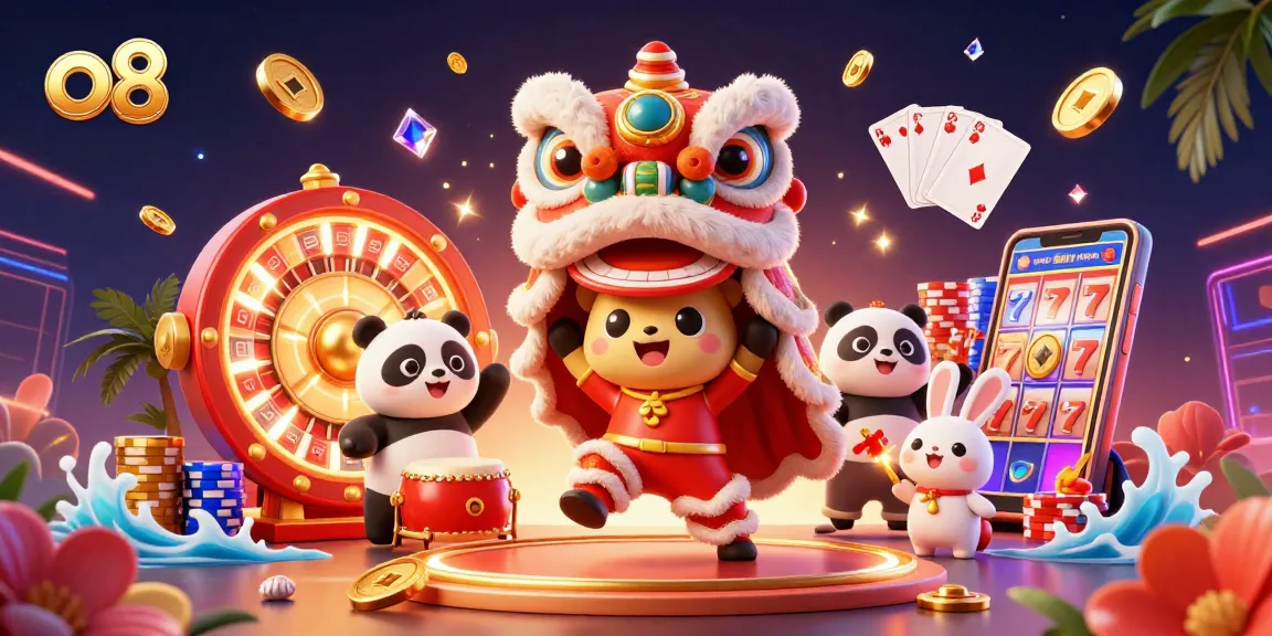 Engage in thrilling gameplay at o8 with a vibrant illustration featuring a lion dance and casino elements.