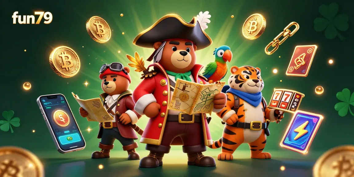 Join the adventure at fun79 with a thrilling 3D casino scene featuring a pirate captain bear, tiger first mate, and golden coins.