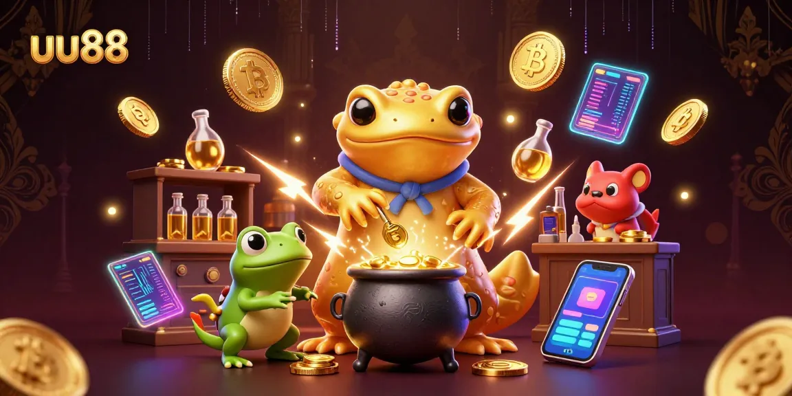 Bet on uu88 with vibrant characters and elements showcasing casino magic and crypto coins.