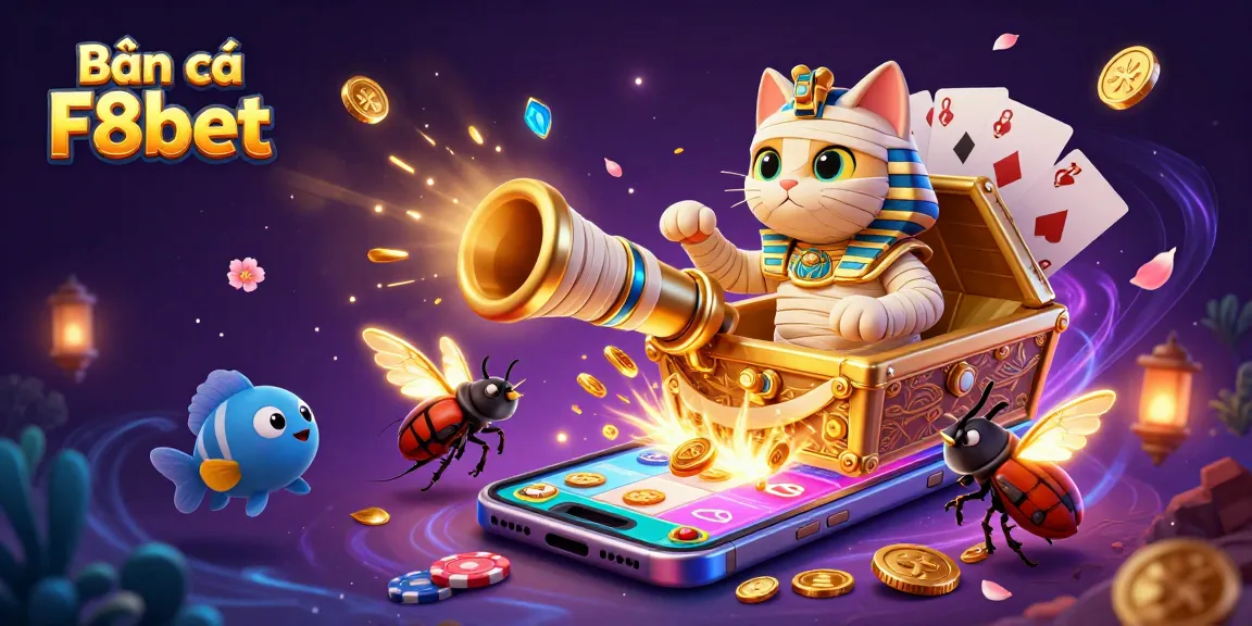 Bắn cá F8bet underwater game scene featuring a mummy cat with golden coins and colorful fish.
