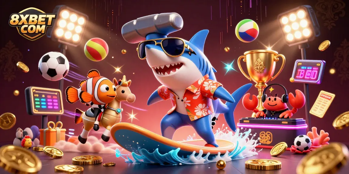 Experience thrilling betting action with 8XBET COM in this vibrant illustration of shark surfing and gold coins.