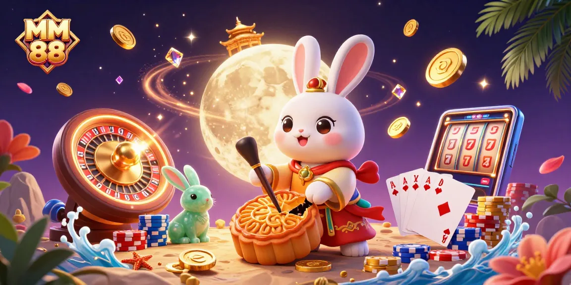 MM 88 showcases the moon rabbit in a vibrant casino scene filled with golden coins and poker chips.