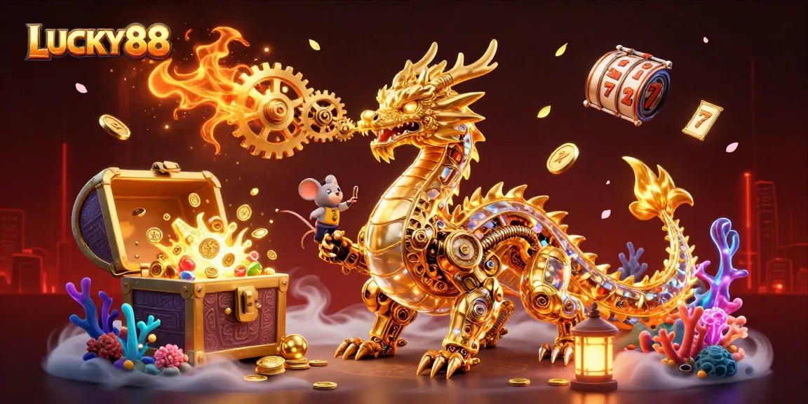 Experience thrilling moments with LUCKY88 slot game as golden dragon and treasures collide in a richly detailed scene.