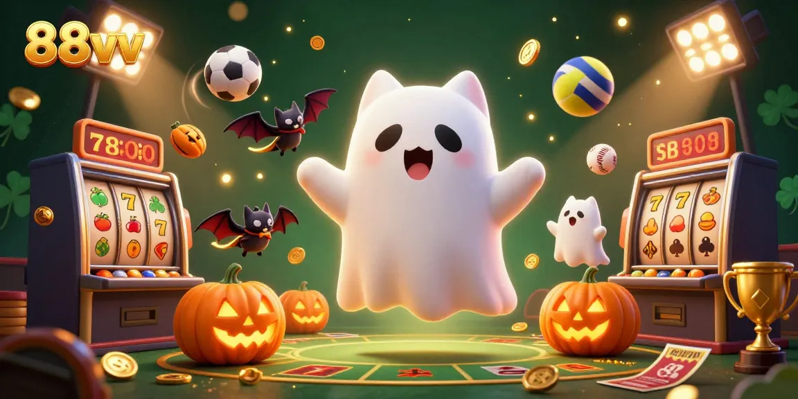 Play vibrant casino games with 88vv featuring a ghostly cat and golden bat in a haunted mansion.