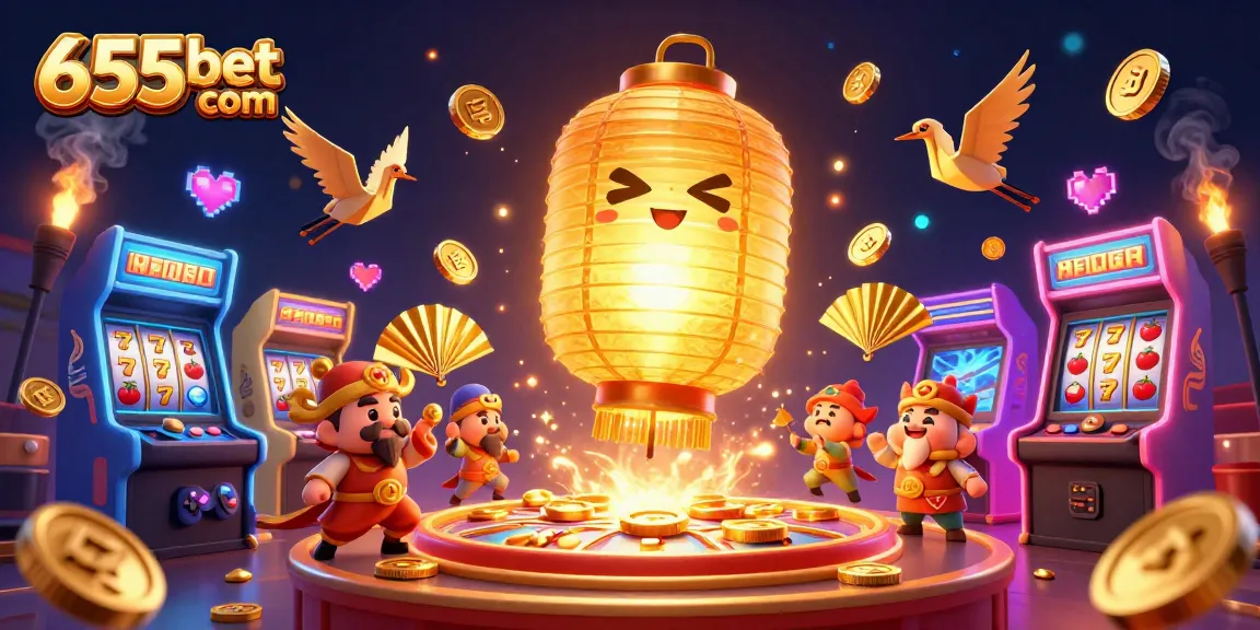 Experience the excitement of 655bet com with a vibrant casino illustration featuring golden slot reels, warriors, and gaming elements.