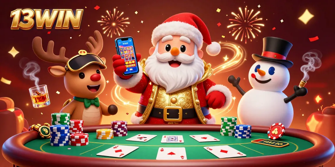 Experience jackpots at 13WIN with a festive casino illustration featuring vibrant game elements and characters.