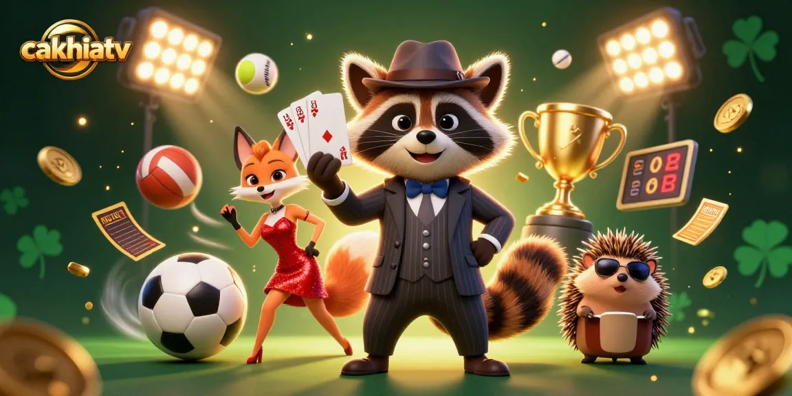 CakhiaTV showcases a lively casino scene with a suave raccoon, charming fox, and hedgehog, engaging in sports betting.