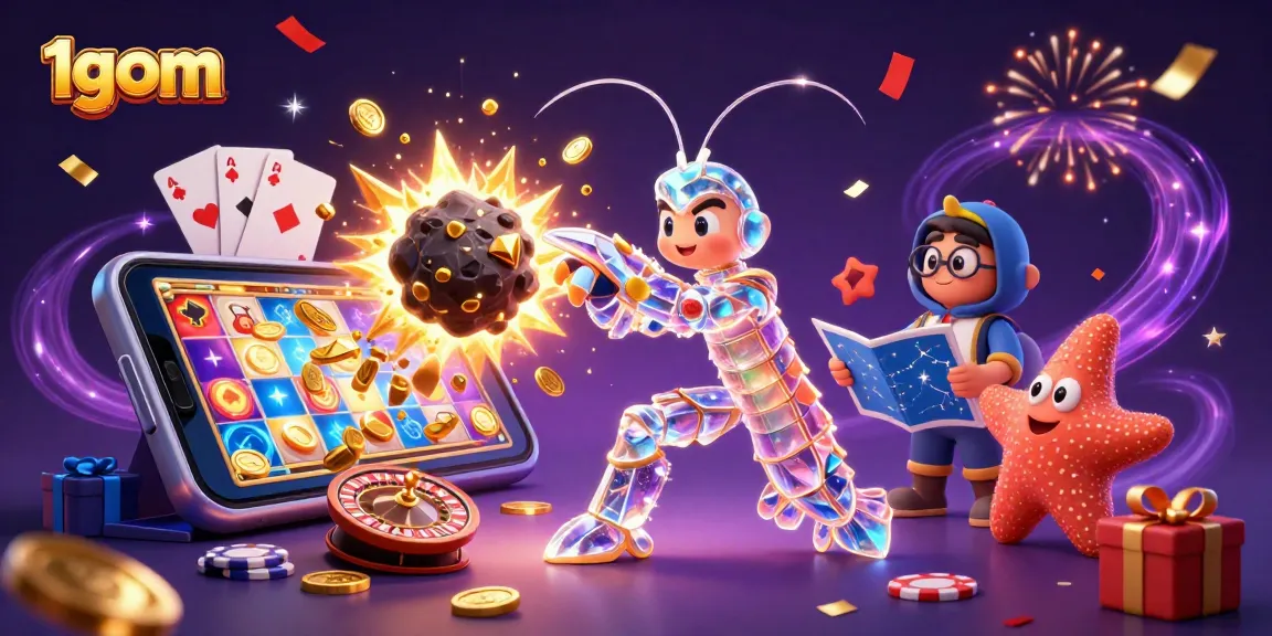 1gom showcases a dynamic scene with a mantis shrimp and starfish amidst casino elements, promoting betting excitement.