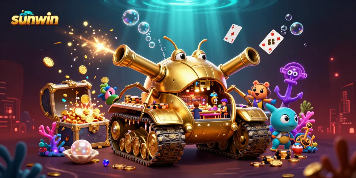 Experience sunwin gaming with a dynamic casino scene featuring a golden beetle tank and vibrant treasures.
