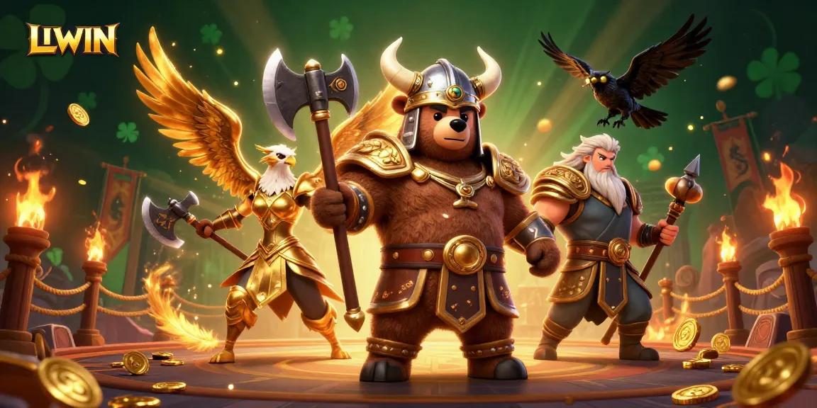 Bet big with LLWIN in a vibrant 3D gambling scene featuring Viking, eagle, and treasure elements.