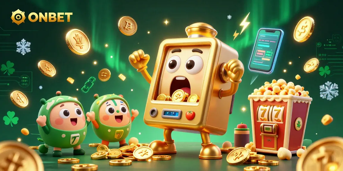Engaging 3D illustration of ONBET's animated golden slot machine celebrating a jackpot amidst coins and vibrant casino elements.
