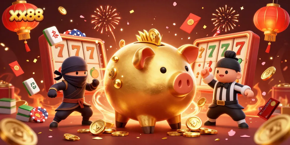 Join in the exciting action of xx88 with a dynamic illustration of a sumo wrestler piggy bank and a wallet ninja.