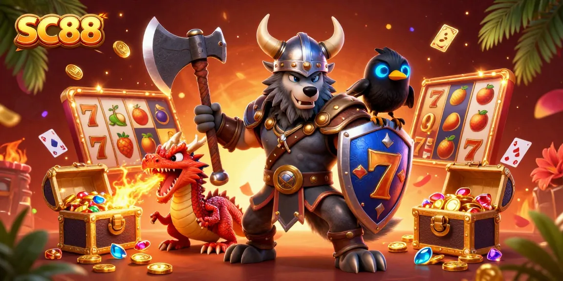 Engage in thrilling SC88 slot games with Viking warriors and vivid casino elements.