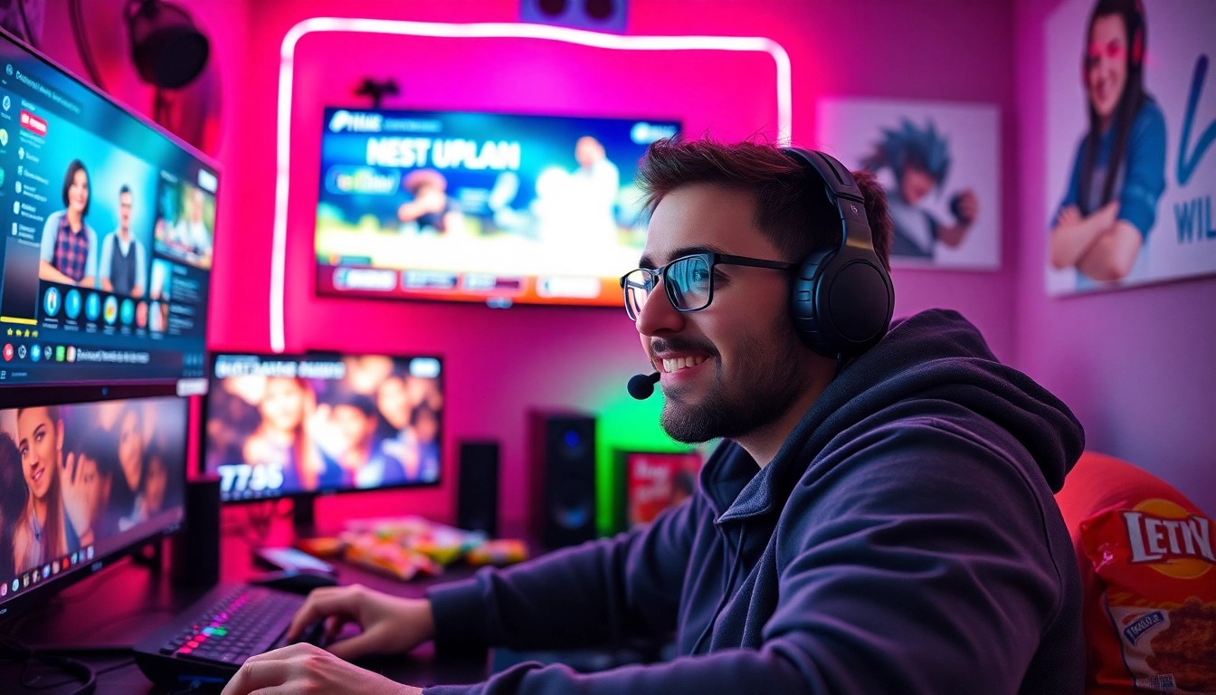 Twitch Streamer Österreich interagiert aktiv mit Zuschauern in modernem Gaming-Setup.