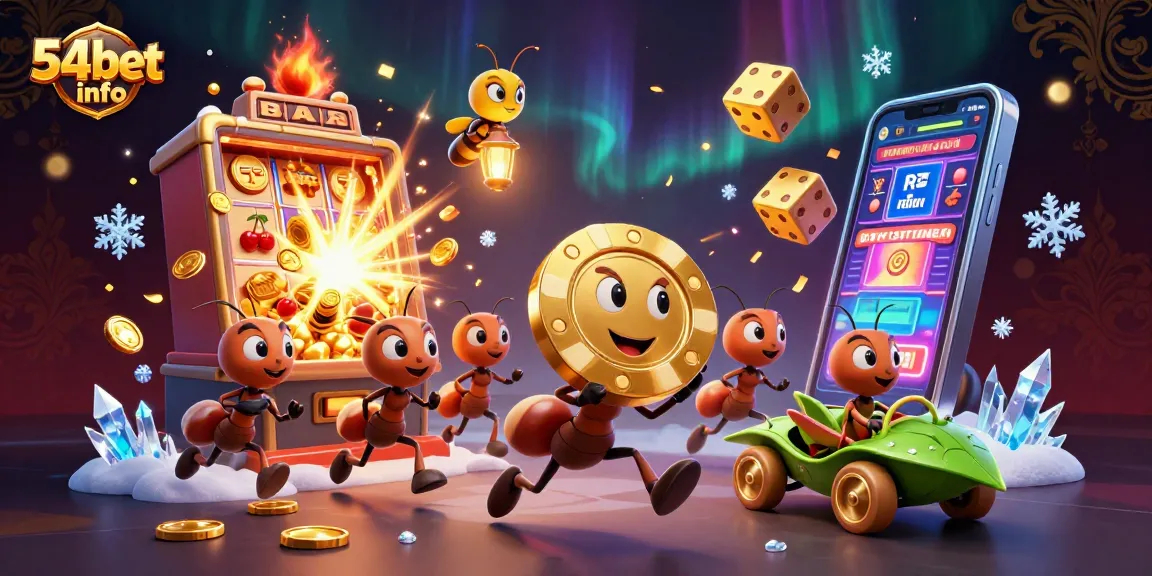 Run a thrilling heist at 54bet info with cartoon ants stealing a massive poker chip in a lively casino!