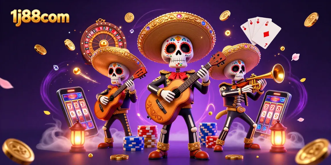 Engage in thrilling action at 1j88com with a vibrant Day of the Dead-themed casino scene full of excitement.