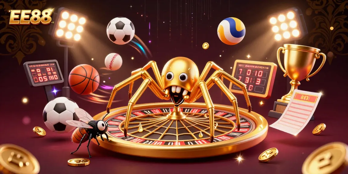 Experience exciting gameplay at EE88 with golden spider and eccentric characters in a vibrant casino scene.