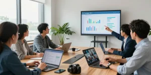 Team bei Videokonferenz, ins Deutsche übersetzen mit Transync AI für reibungslose Kommunikation.