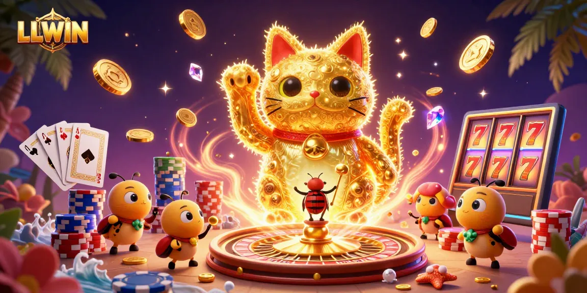 Experience the excitement of LLWIN with a vibrant 3D lucky cat and cascading casino symbols.