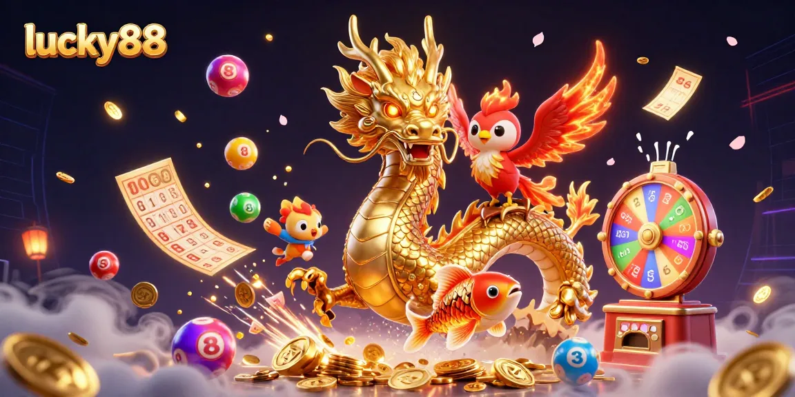 Experience lucky88's vibrant gaming world with a golden dragon amidst exciting casino elements.