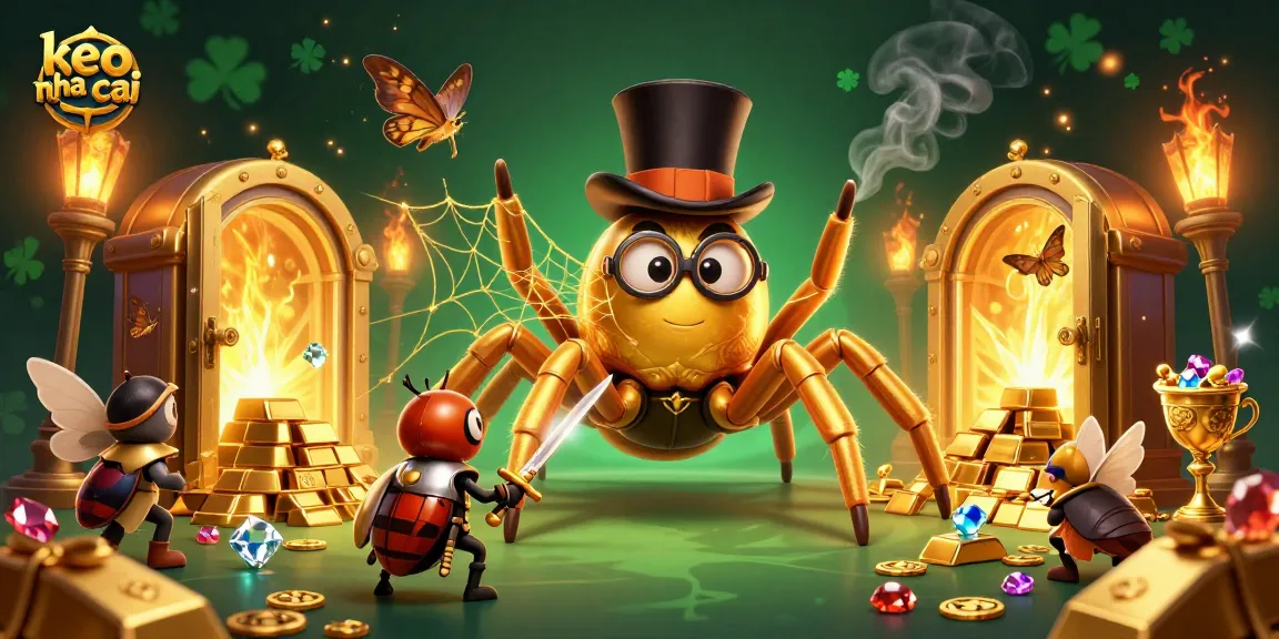 Engage with keo nha cai offers featuring a golden tarantula and beetle knight in a vibrant casino scene.