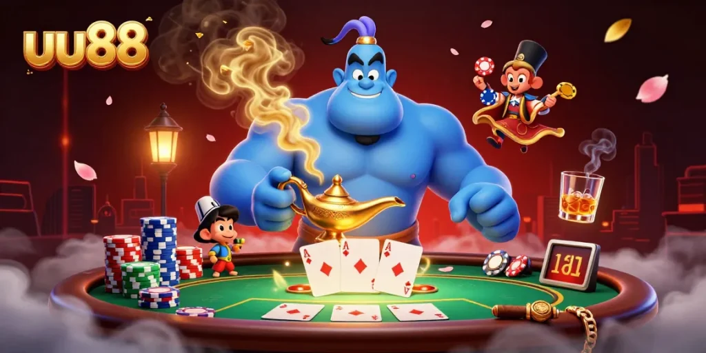 uu88 showcases a vibrant casino scene with a blue genie and poker elements, highlighting the excitement of gambling.