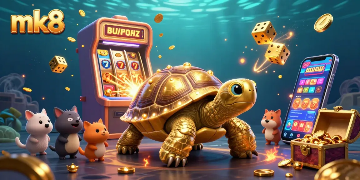 Win big with mk8! Immerse in a vibrant 3D illustration featuring casino-themed golden tortoise and slot machine.
