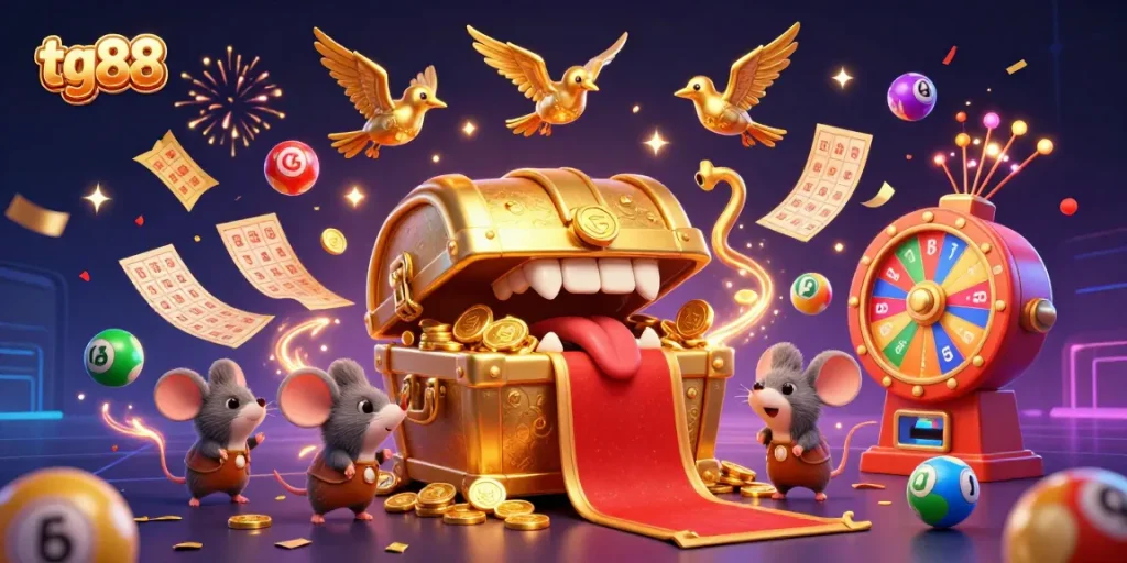 Experience the thrill at tg88 with vibrant lottery balls and a golden treasure chest illustration.