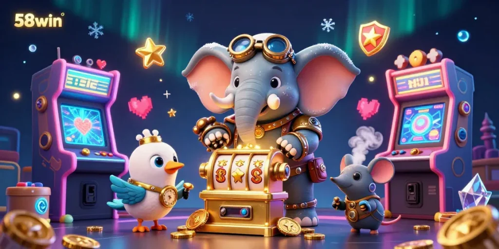 Experience thrilling 58win adventures with a steampunk elephant operating a golden slot machine amidst vibrant casino elements