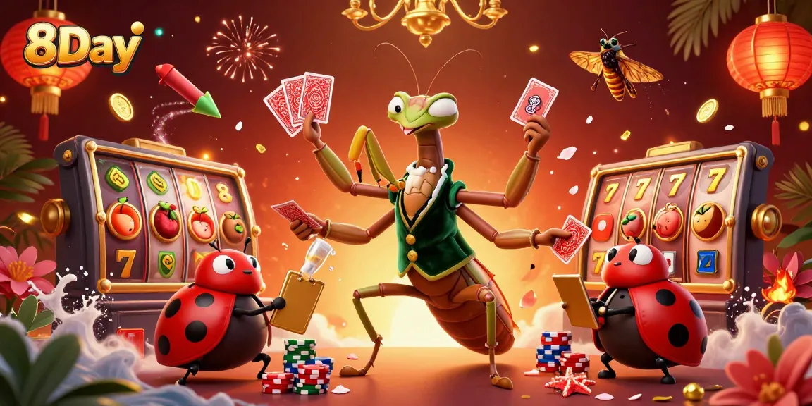 Experience excitement at 8Day casino with a vibrant 3D illustration of gaming action and lucky symbols.
