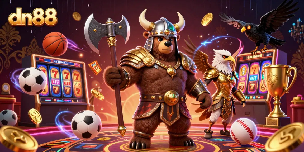 Experience thrilling casino action with dn88 featuring a Viking berserker bear and Valkyrie in a vibrant gaming scene.