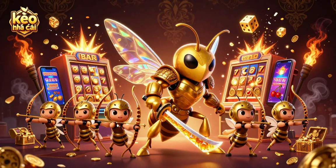 Engage with kèo nhà cái in a vibrant 3D illustration featuring dynamic casino elements and a golden hornet.