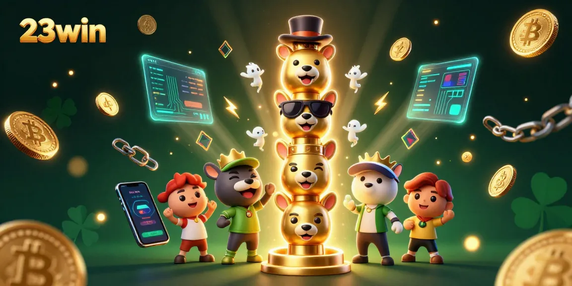 Engage with 23win’s exciting gaming universe through a vibrant illustration of the golden totem pole surrounded by dynamic casino elements.