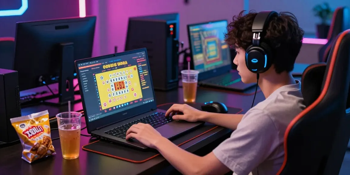 Toto permainan online yang seru dengan antarmuka permainan, gamer yang fokus, dan suasana yang meriah.