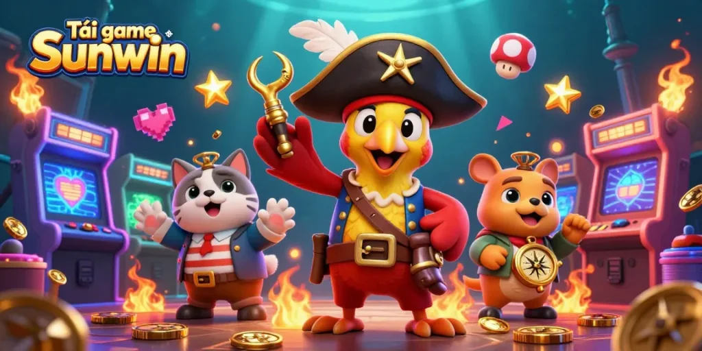Tải game Sunwin in a vibrant 3D scene with a pirate captain parrot, bulldog, and cat among colorful gaming elements.