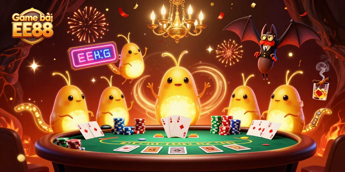 Enjoy thrilling gaming action with Game bài EE88 at a vibrant, illuminated poker table with glowworms and a bat dealer.
