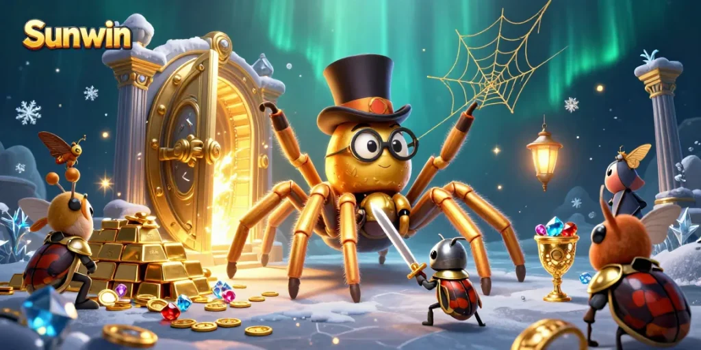 Sunwin engages players with a vibrant scene of a golden tarantula and beetle knight at a casino.