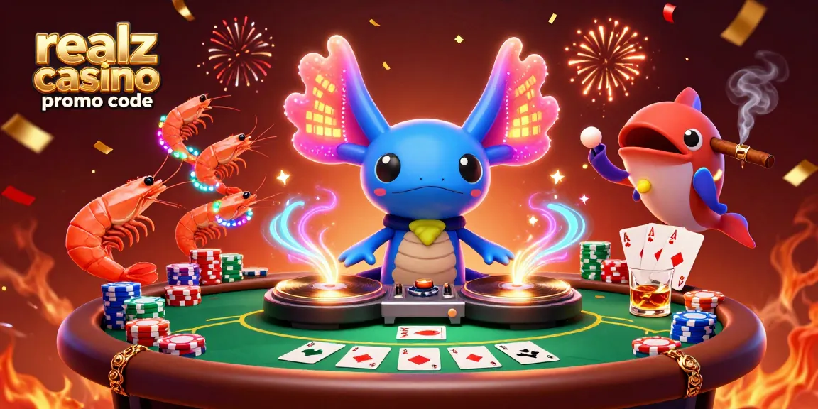 Spielen Sie mit dem realz casino promo code an einem lebhaften Casino-Tisch mit bunten Charakteren.