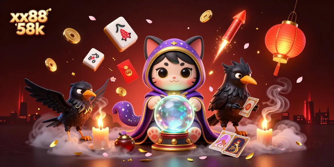 Engage with the vibrant scene of xx88 58k, showcasing mystical characters and festive casino elements in a dynamic setting.